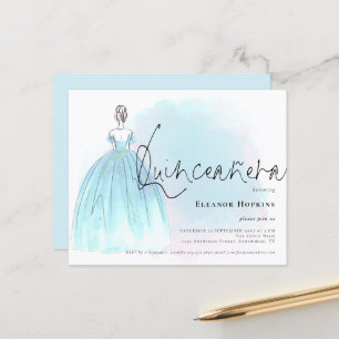 Budget Glam Blå Klänning Quinceanera Inbjudan