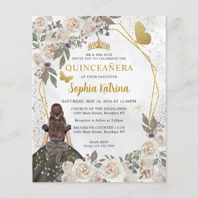 Budget Glam Black Guld Blommigt Princess Quinceañe (Framsida)