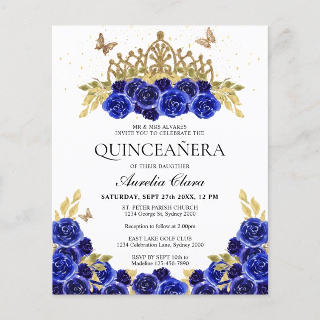 Budget Glam Blue Blommigt Guld Tiara Quinceanera (Framsida)