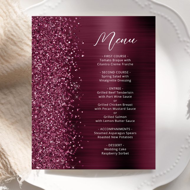 Budget Glam Burgundy Glitter Script Bröllopsmeny (Skapare uppladdad)