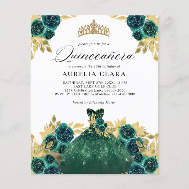 BUDGET Glam Grön Klänning Blommig 15-års Quinceañe (Framsida)