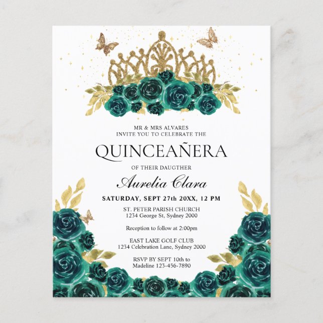 BUDGET Glam Grönt Blommigt Guld Tiara Quinceanera (Framsida)