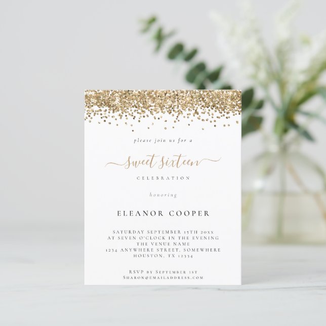 Budget Glam Guld Glitter Sweet sixteen Inbjudan (Stående Fram)