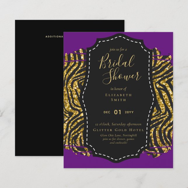 Budget Glam Guld Lila Bröllopsfest Inbjudan (Fram/baksida)