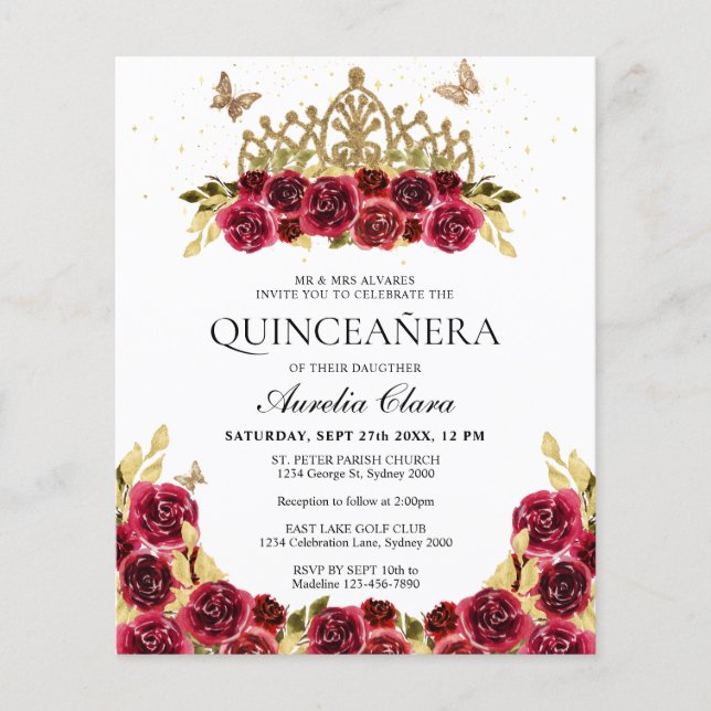 BUDGET Glam Red Blommigt Guld Tiara Quinceanera (Framsida)