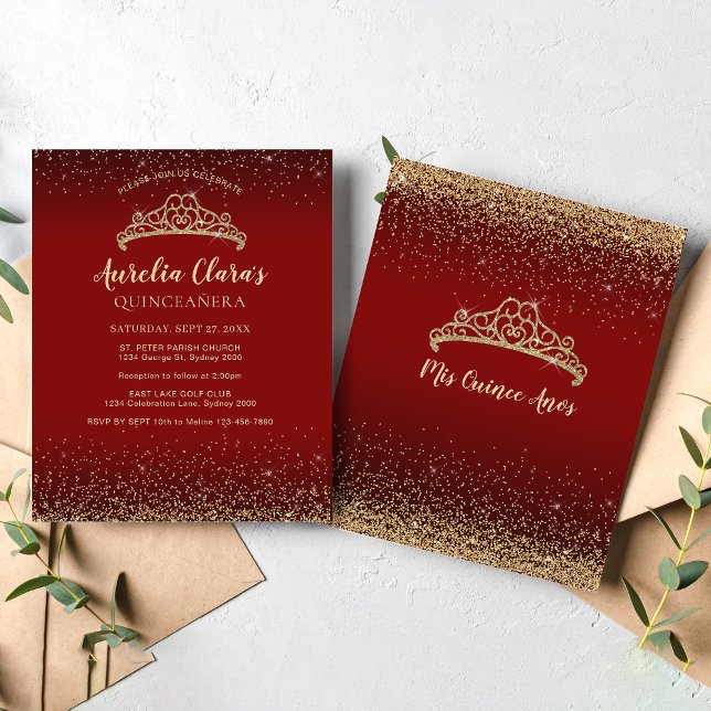 BUDGET Glam Red Guld Glitter Tiara Quinceanera (Skapare uppladdad)