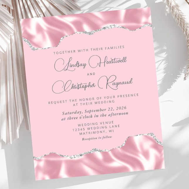 Budget Glam Rosa Satin Silver bröllopsinbjudan (Skapare uppladdad)