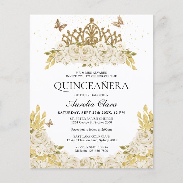 Budget Glam White Blommigt Guld Tiara Quinceanera (Framsida)