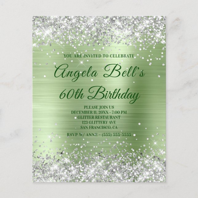 Budget Glänsande Silver Glitter Mint Folie Inbjuda (Framsida)