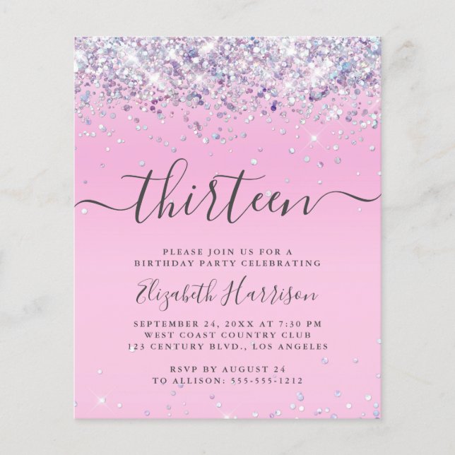 Budget Glitter 13-årsfestinbjudan (Framsida)