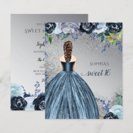 Budget Glitter Blue Dress Sweet 16-inbjudan