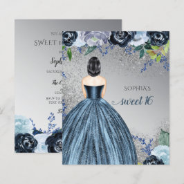 Budget Glitter Blue Dress Sweet 16-inbjudan