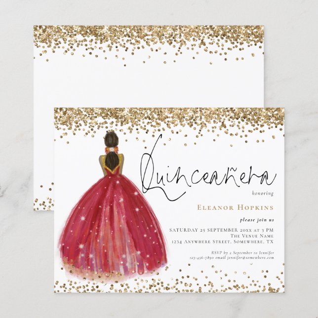 Budget Glitter Burgundy Klänning Quinceanera Inbju (Fram/baksida)