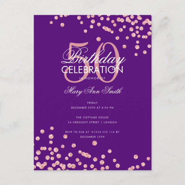 Budget Glitter Confetti Ro Guld Lila Vykort (Framsida)