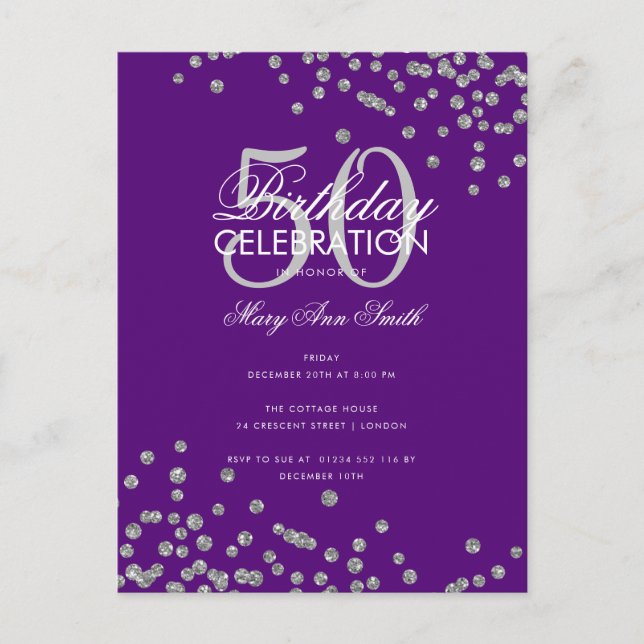 Budget Glitter Confetti Silver Lila Vykort (Framsida)