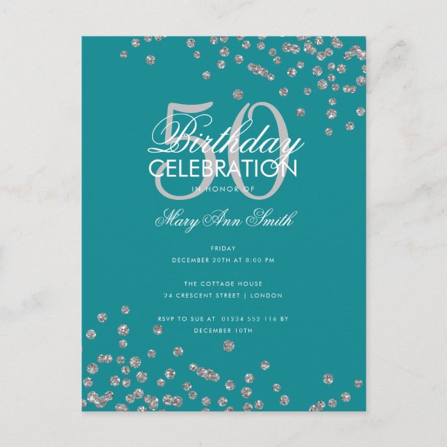Budget Glitter Confetti Silver Teal Vykort (Framsida)
