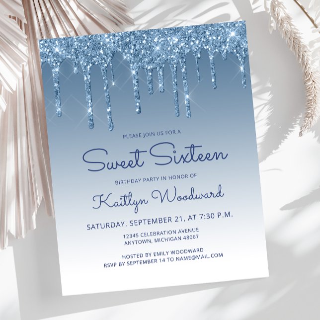 Budget Glitter Drip Blå Sweet 16 Inbjudan (Skapare uppladdad)