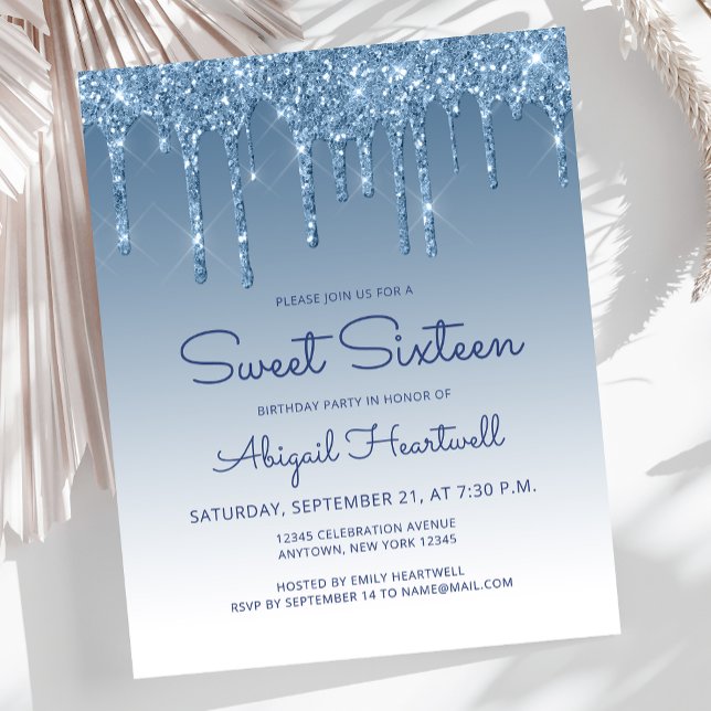 Budget Glitter Drip Blå Sweet 16 Inbjudan (Skapare uppladdad)