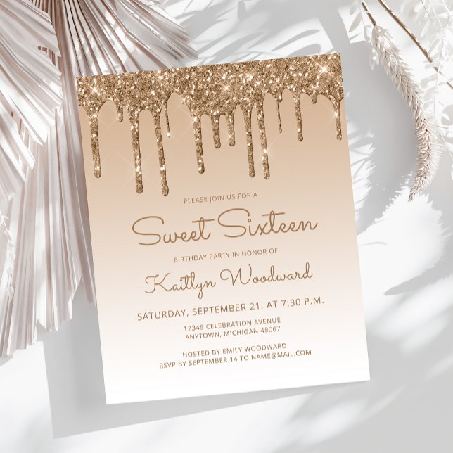 Budget Glitter Drip Guld Sweet 16-inbjudan (Skapare uppladdad)