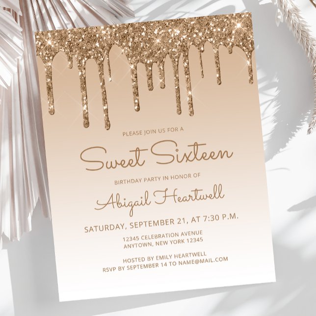 Budget Glitter Drip Guld Sweet 16 Inbjudan (Skapare uppladdad)