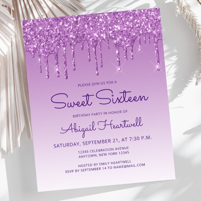 Budget Glitter Drip Lila Sweet 16-inbjudan (Skapare uppladdad)