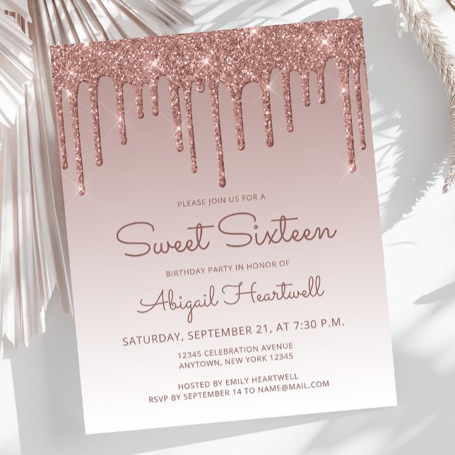 Budget Glitter Drip Rose Guld Sweet 16 Inbjudan (Skapare uppladdad)