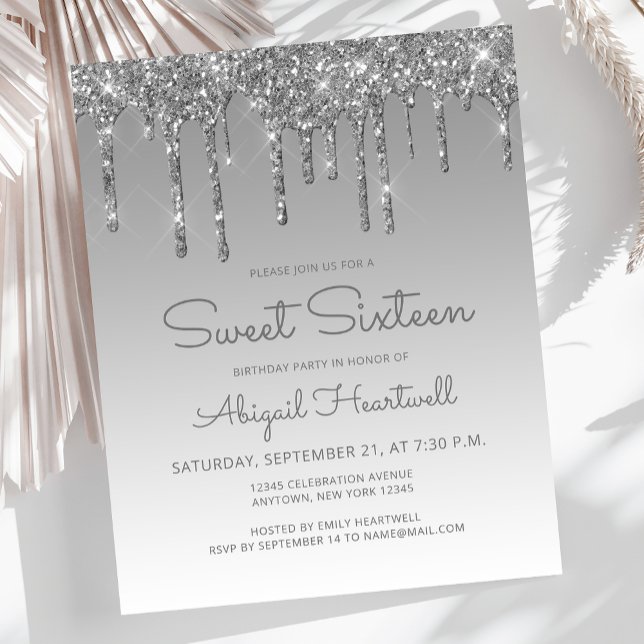 Budget Glitter Drip Silver Sweet 16-inbjudan (Skapare uppladdad)