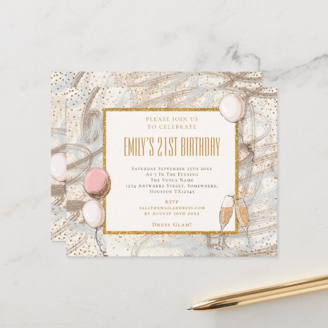 Budget Glitter Girl 21:a Party-födelsedagsinbjudan (Fram/Back In Situ)