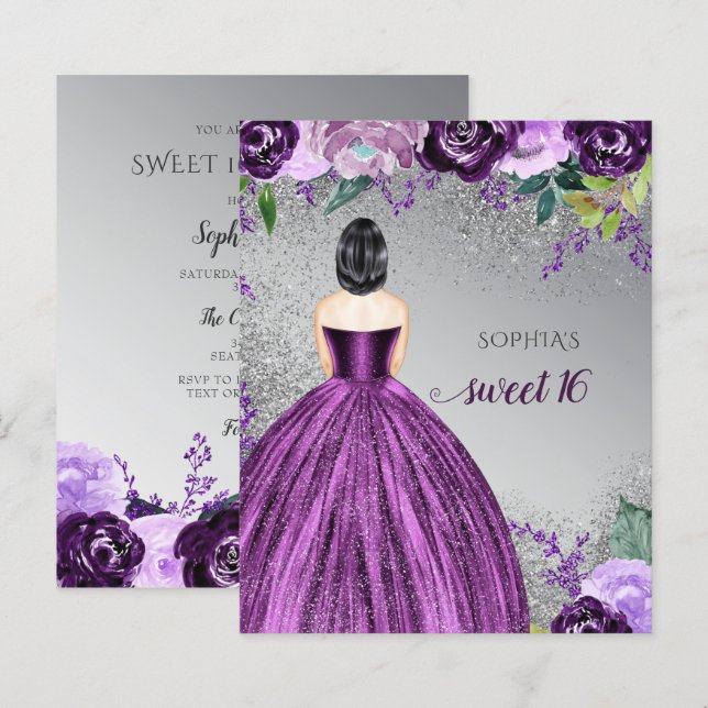 Budget Glitter Lila Dress Sweet 16-inbjudan (Fram/baksida)