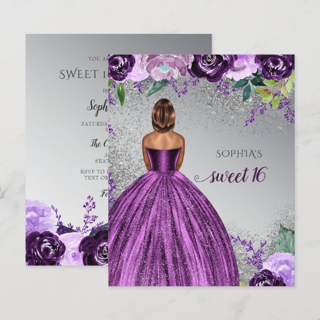 Budget Glitter Lila Dress Sweet 16 inbjudan (Fram/baksida)