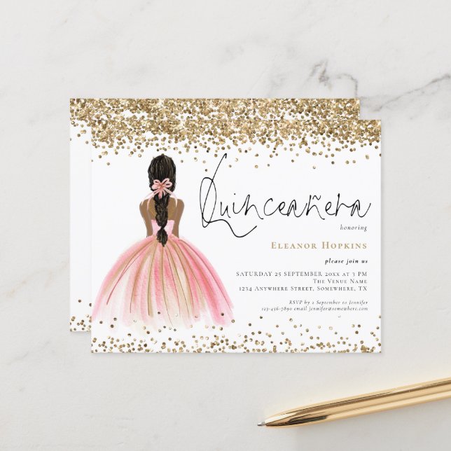 Budget Glitter Mörk Hair Rosa Gown Quinceanera (Fram/Back In Situ)