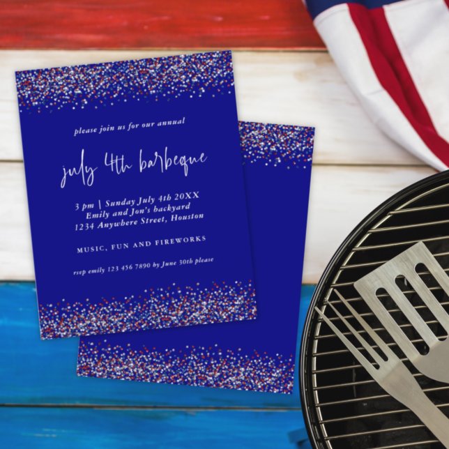 Budget Glitter Röd Blå 4 Juli BBQ-inbjudan (Skapare uppladdad)