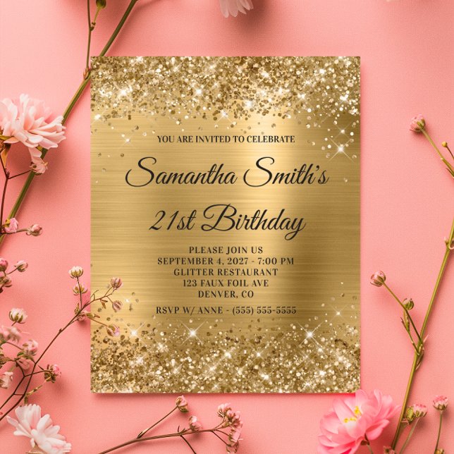 Budget Glitterig Guld Monogram 21-års födelsedagsi (Budget Glittery Gold Monogram 21st Birthday Invite)