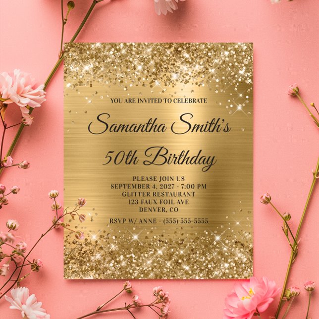 Budget Glittery Guld Monogram 50:e födelsedagen In (Budget Glittery Gold Monogram 50th Birthday Invite)