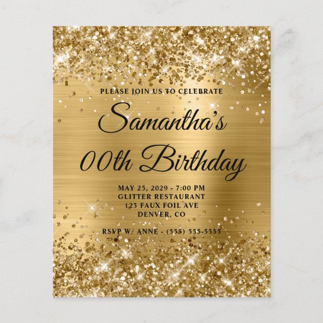 Budget Glittery Guld Monogram Birthday Inbjudan (Framsida)