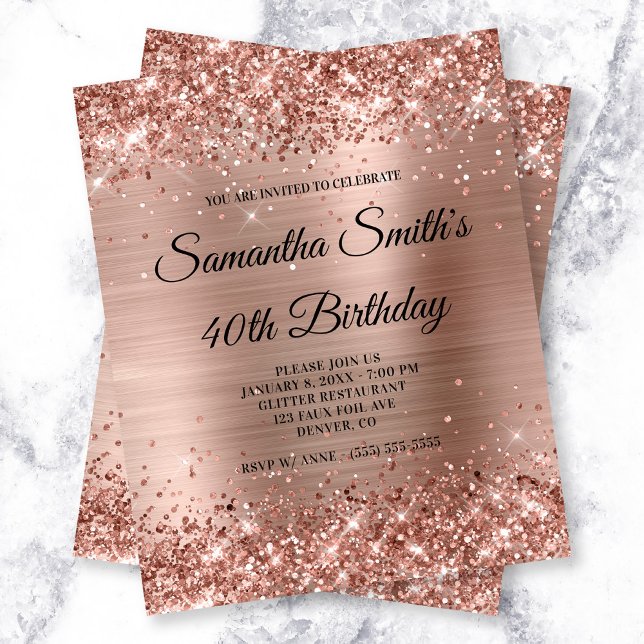 Budget Glittery Ro Gold Foil Birthday Inbjudan (Glittery Rose Gold Glam Birthday Budget Invite)