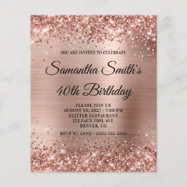 Budget Glittery Ro Guld Glam Birthday Inbjudan