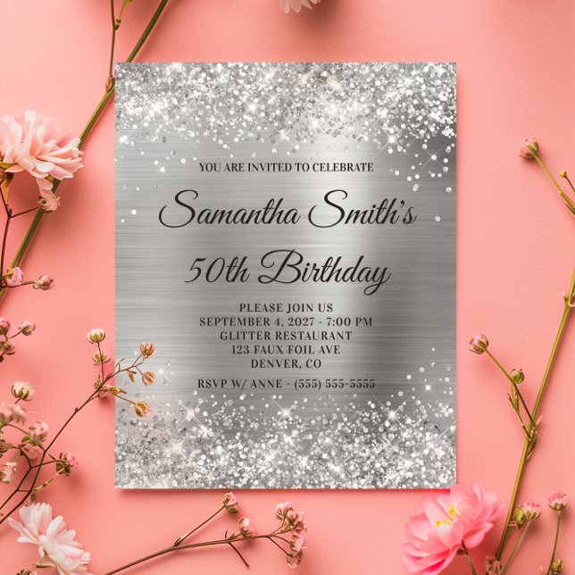 Budget Glittery Silver Foil 50:e födelsedagen Inbj (Budget Glittery Silver Foil 50th Birthday Invite)