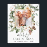 Budget God jul Greenery Photo Helgdag Flygblad<br><div class="desc">Budgeterat fotokort för Rustic Winter God jul med Helgdag White Flowers och Grey,  Gräs Träd Grenar,  Pinecones med enkel bakgrund.</div>