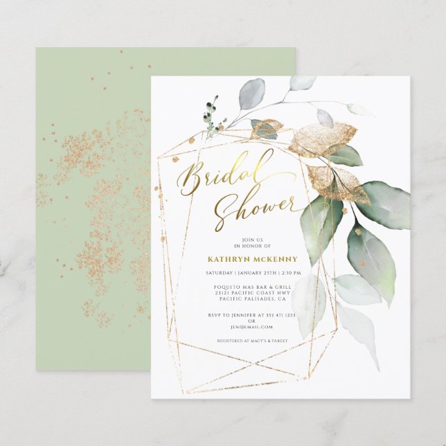 Budget Gold Eucalyptus Greenery Bröllopsdusch-kort (Fram/baksida)