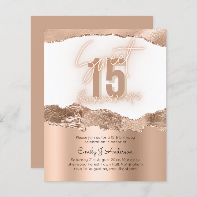BUDGET Gold Foil Glitter Quinceanera 15:e födelsed (Fram/baksida)