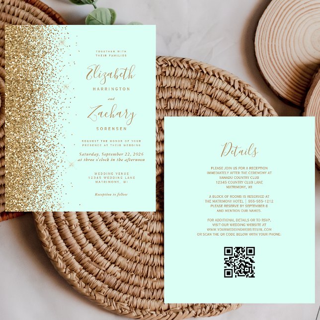 Budget Gold Glitter Mint Green QR Code Wedding (Skapare uppladdad)