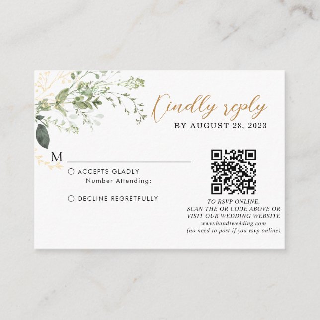 Budget Gold Greenery Eucalyptus QR Code Wedding  Tilläggskort (Framsida)