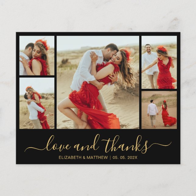 Budget Gold Svart Foto Bröllop Tackkort (Framsida)