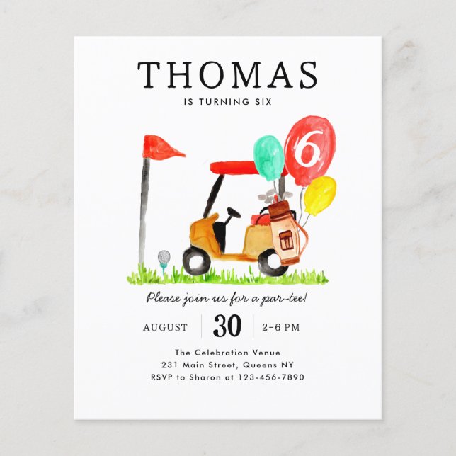 Budget Golf Cart Bag Balloon Kids Par-T Birthday Flygblad (Framsidan)