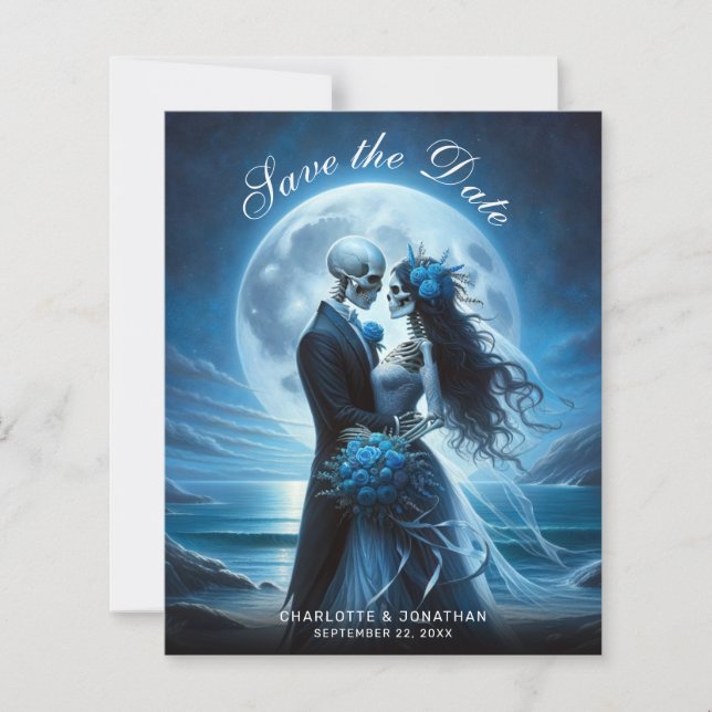 Budget Gothic Blue Skeletons Wedding Save the Date (Framsida)
