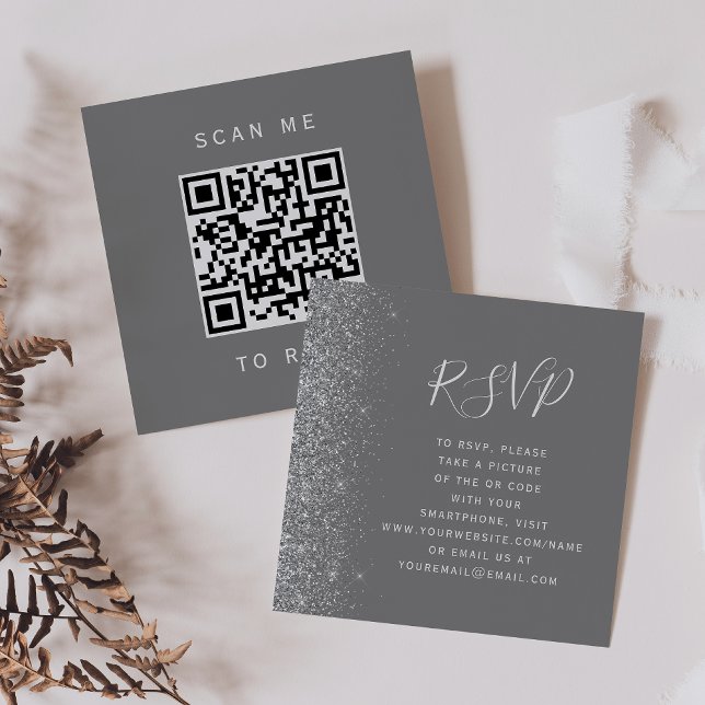 Budget Grå Silver Glitter Bröllop QR-kod RSVP Tilläggskort (Skapare uppladdad)