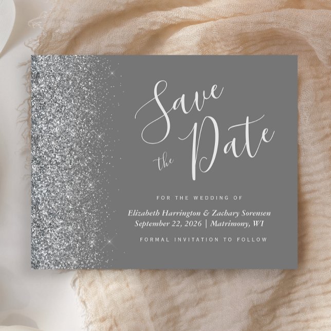 Budget Grå Silver Glitter Bröllop Save the Date (Skapare uppladdad)