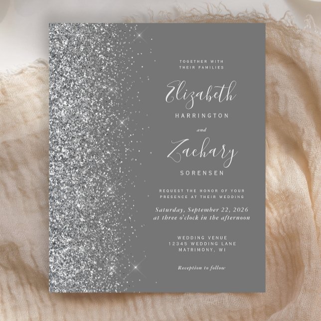Budget Grå Silver Glitter Bröllopsinbjudan (Skapare uppladdad)