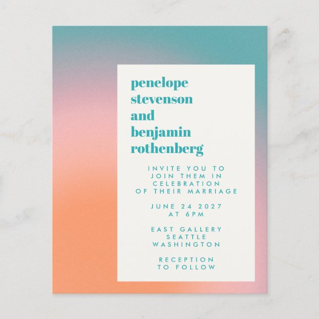 Budget Gradient Teal Rosa Abstrakt Bröllopsinbjuda (Framsida)